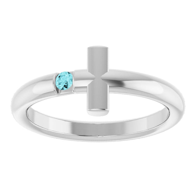 14K Gold Round Natural Blue Zircon Sideways Cross Ring - White Gold - view 3