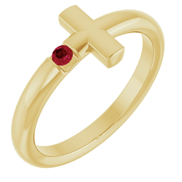 14K Gold Round Natural Ruby Sideways Cross Ring - Yellow Gold