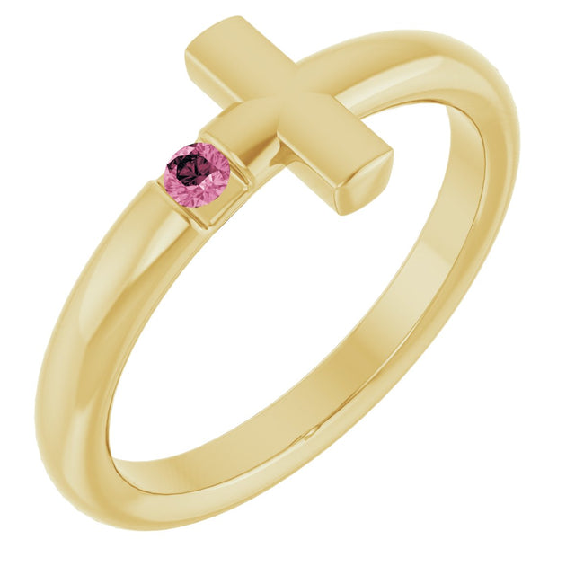 14K Gold Round Natural Pink Tourmaline Sideways Cross Ring - Yellow Gold