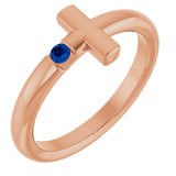 14K Gold Round Natural Blue Sapphire Sideways Cross Ring - Rose Gold