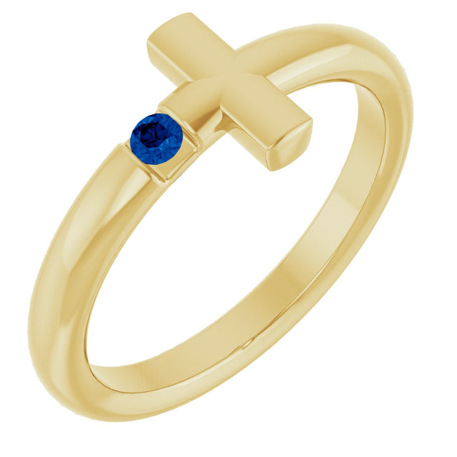 14K Gold Round Natural Blue Sapphire Sideways Cross Ring - Yellow Gold