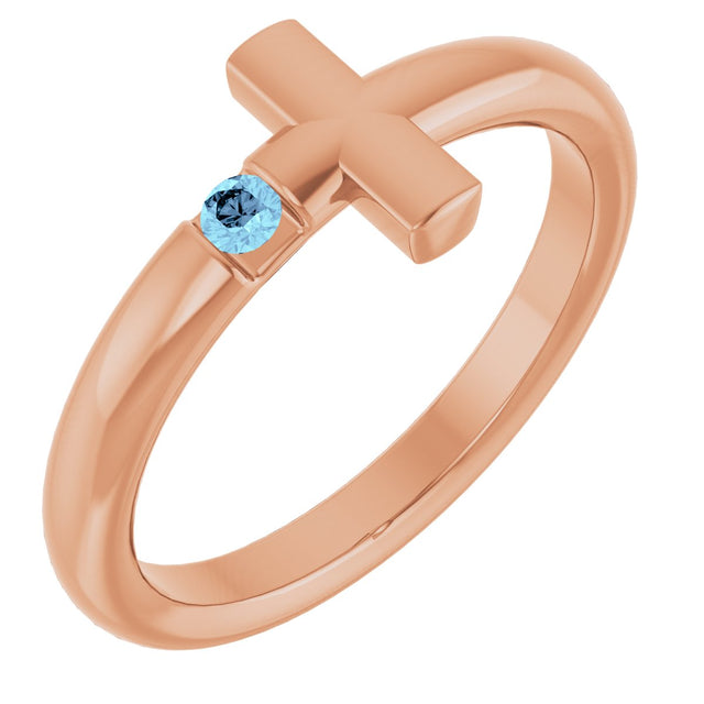 14K Gold Round Natural Aquamarine Sideways Cross Ring - Rose Gold