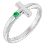 14K Gold Round Natural Emerald Sideways Cross Ring - White Gold