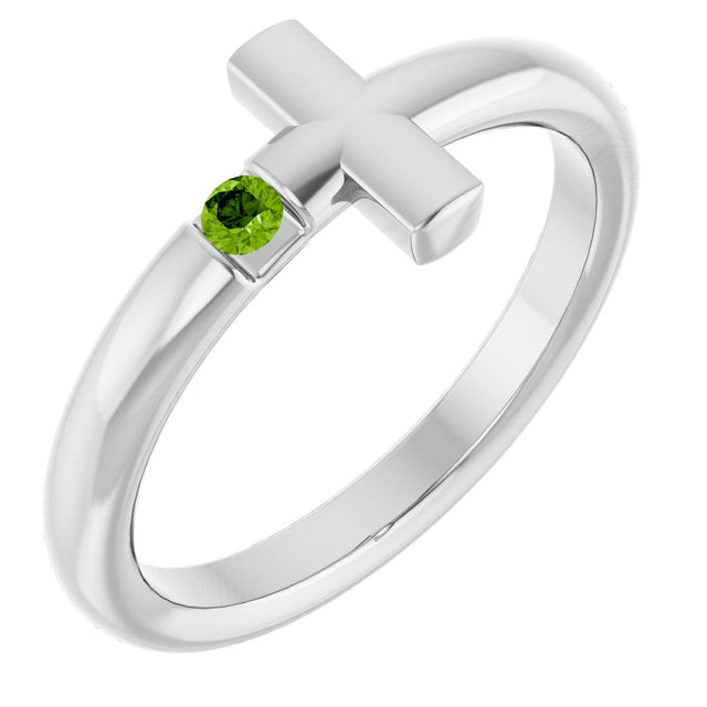 Platinum Round Natural Peridot Sideways Cross Ring