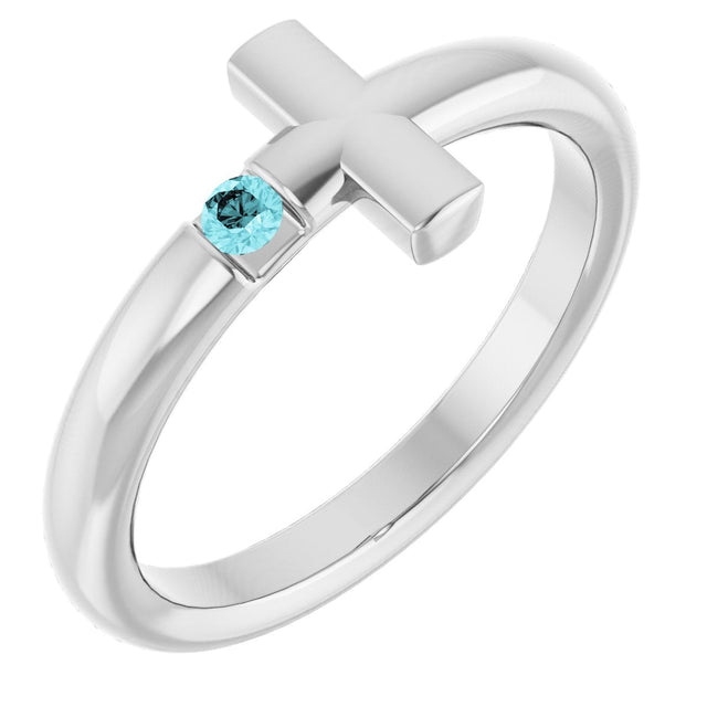 Platinum Round Natural Blue Zircon Sideways Cross Ring