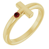 14K Gold Round Natural Mozambique Garnet Sideways Cross Ring - Yellow Gold