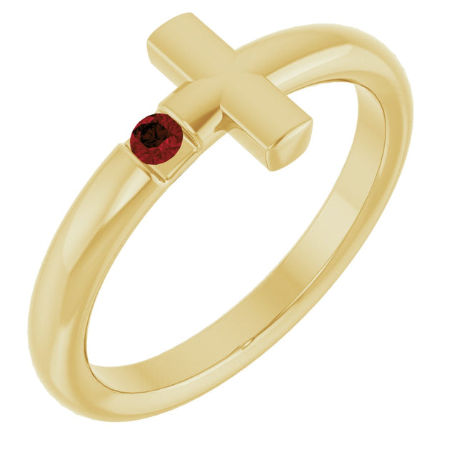14K Gold Round Natural Mozambique Garnet Sideways Cross Ring - Yellow Gold