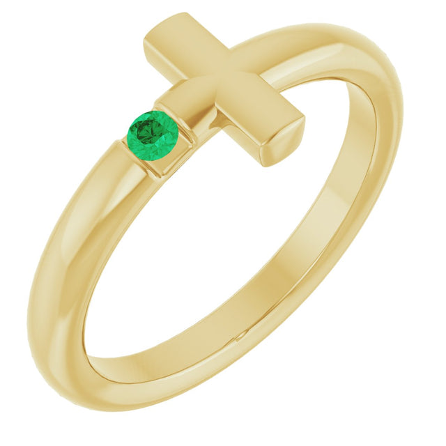 14K Gold Round Natural Emerald Sideways Cross Ring - Yellow Gold