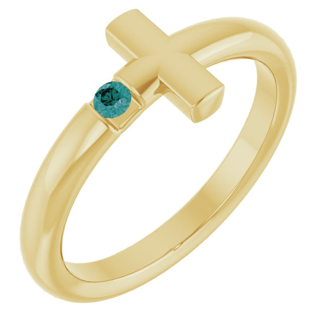 14K Gold Round Natural Alexandrite Sideways Cross Ring - Yellow Gold