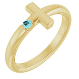 14K Gold Round Natural Blue Zircon Sideways Cross Ring - Yellow Gold