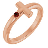 14K Gold Round Natural Mozambique Garnet Sideways Cross Ring - Rose Gold
