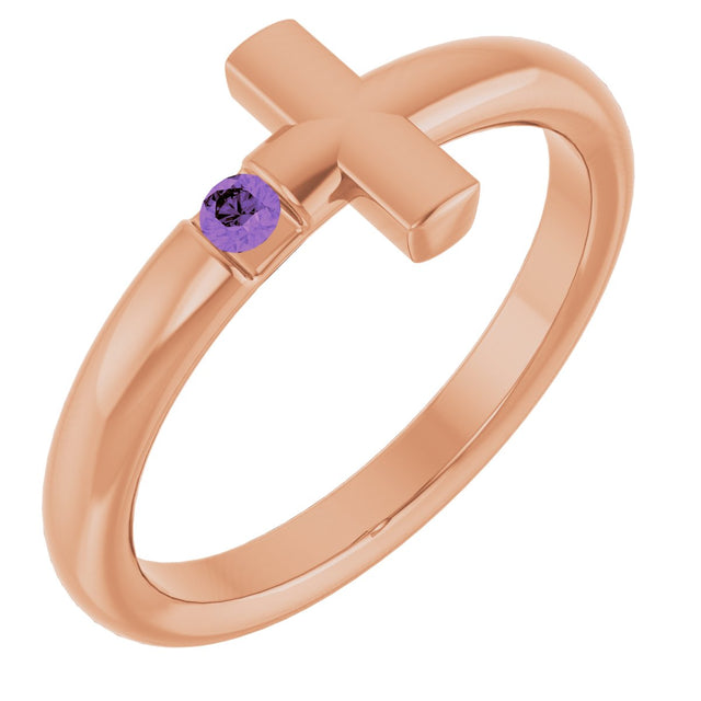 14K Gold Round Natural Amethyst Sideways Cross Ring - Rose Gold