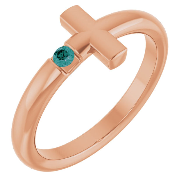 14K Gold Round Natural Alexandrite Sideways Cross Ring - Rose Gold