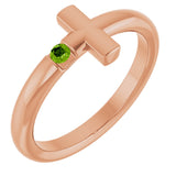 14K Gold Round Natural Peridot Sideways Cross Ring - Rose Gold