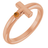 14K Gold Round Natural Citrine Sideways Cross Ring - Rose Gold