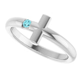 14K Gold Round Natural Blue Zircon Sideways Cross Ring - White Gold - view 5