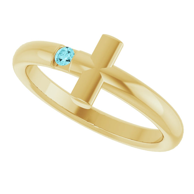 14K Gold Round Natural Blue Zircon Sideways Cross Ring - Yellow Gold - view 5