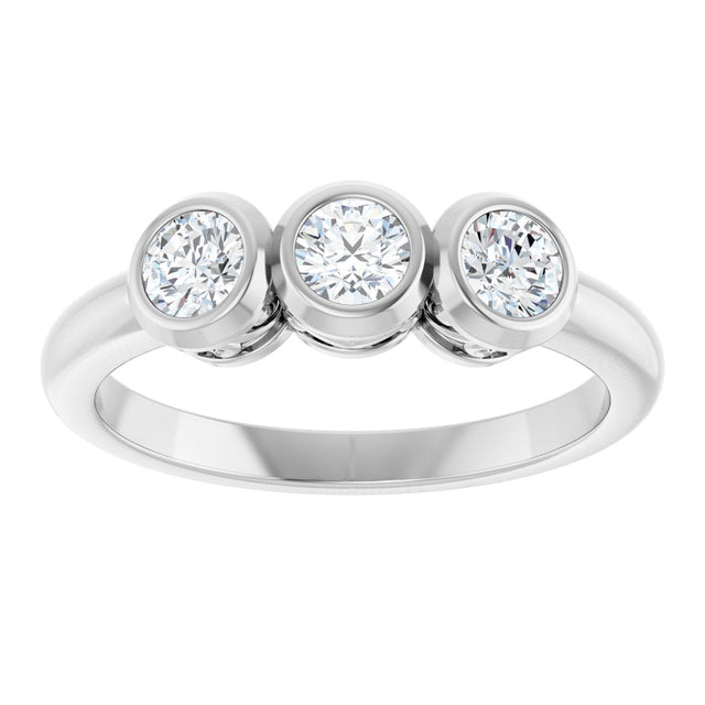 14K Gold Round Natural White Sapphire Three-Stone Bezel-Set Ring - White Gold - view 3