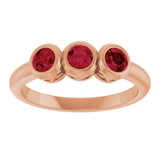 14K Gold Round Natural Ruby Three-Stone Bezel-Set Ring - Rose Gold - view 3