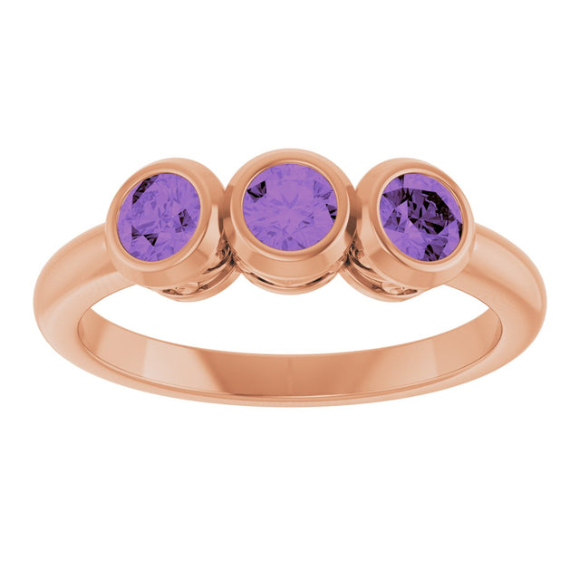 14K Gold Round Natural Amethyst Three-Stone Bezel-Set Ring - Rose Gold - view 3