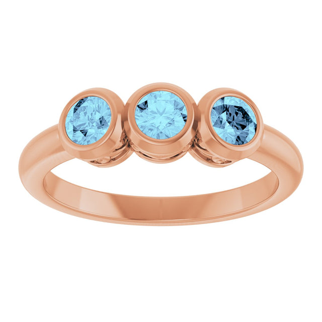 14K Gold Round Natural Aquamarine Three-Stone Bezel-Set Ring - Rose Gold - view 3