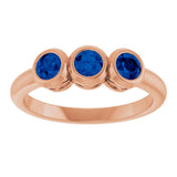 14K Gold Round Natural Blue Sapphire Three-Stone Bezel-Set Ring - Rose Gold - view 3