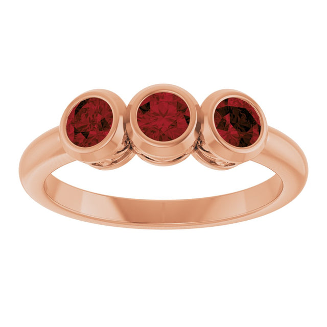 14K Gold Round Natural Mozambique Garnet Three-Stone Bezel-Set Ring - Rose Gold - view 3