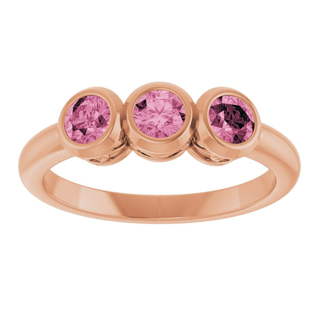 14K Gold Round Natural Pink Tourmaline Three-Stone Bezel-Set Ring - Rose Gold - view 3