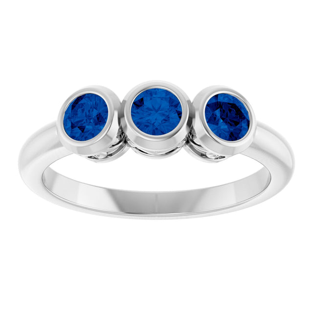 14K Gold Round Lab-Grown Blue Sapphire Three-Stone Bezel-Set Ring - White Gold - view 3