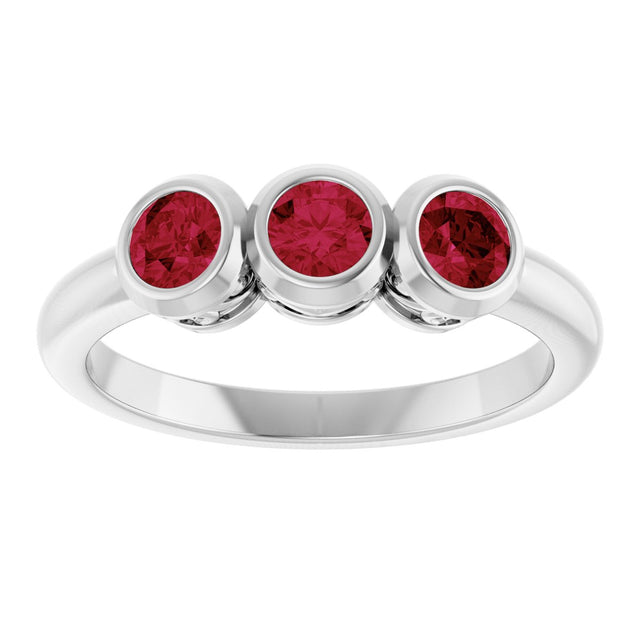14K Gold Round Natural Ruby Three-Stone Bezel-Set Ring - White Gold - view 3