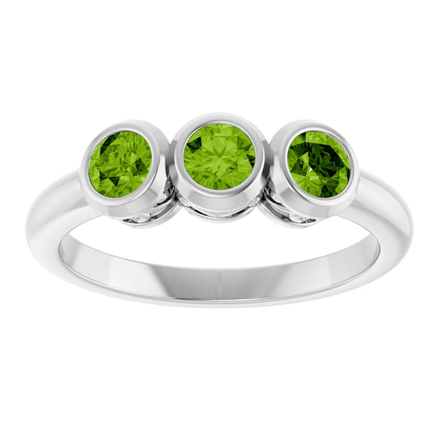 Platinum Round Natural Peridot Three-Stone Bezel-Set Ring - view 3