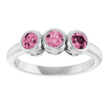 Platinum Round Natural Pink Tourmaline Three-Stone Bezel-Set Ring - view 3