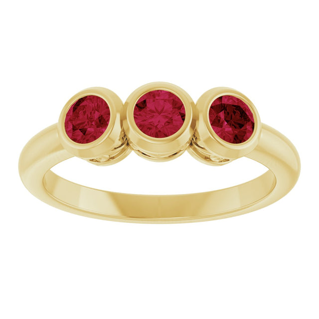 14K Gold Round Natural Ruby Three-Stone Bezel-Set Ring - Yellow Gold - view 3