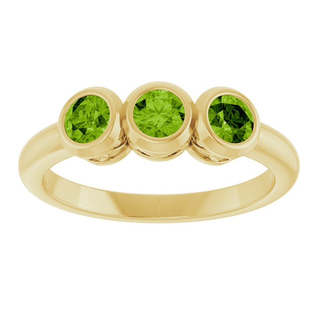14K Gold Round Natural Peridot Three-Stone Bezel-Set Ring - Yellow Gold - view 3
