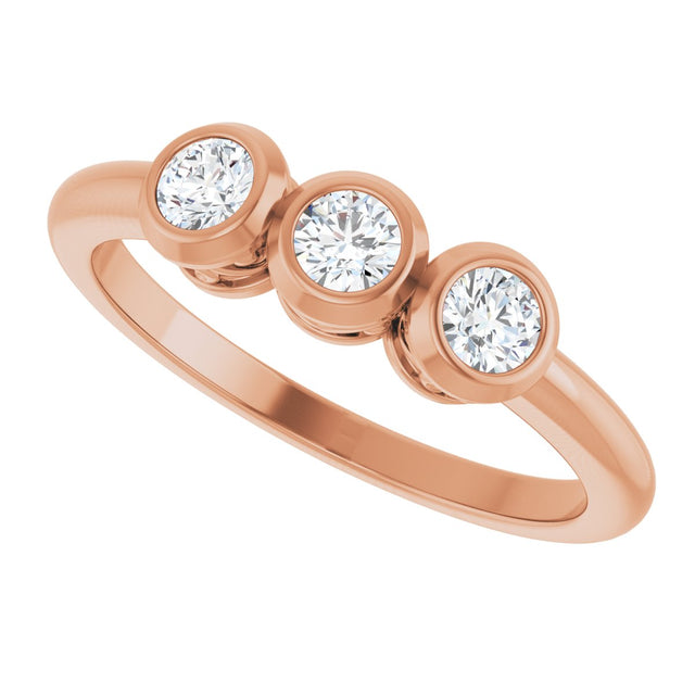 14K Gold Round Natural Diamond Three-Stone Bezel-Set Ring – 2.5-4mm Stones - Rose Gold - view 7