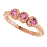 14K Gold Round Natural Pink Tourmaline Three-Stone Bezel-Set Ring - Rose Gold - view 7