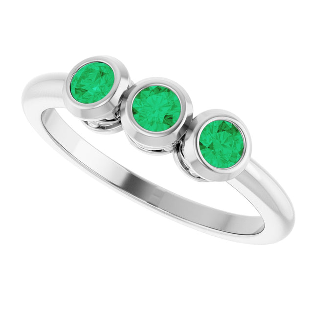 14K Gold Round Natural Emerald Three-Stone Bezel-Set Ring - White Gold - view 5