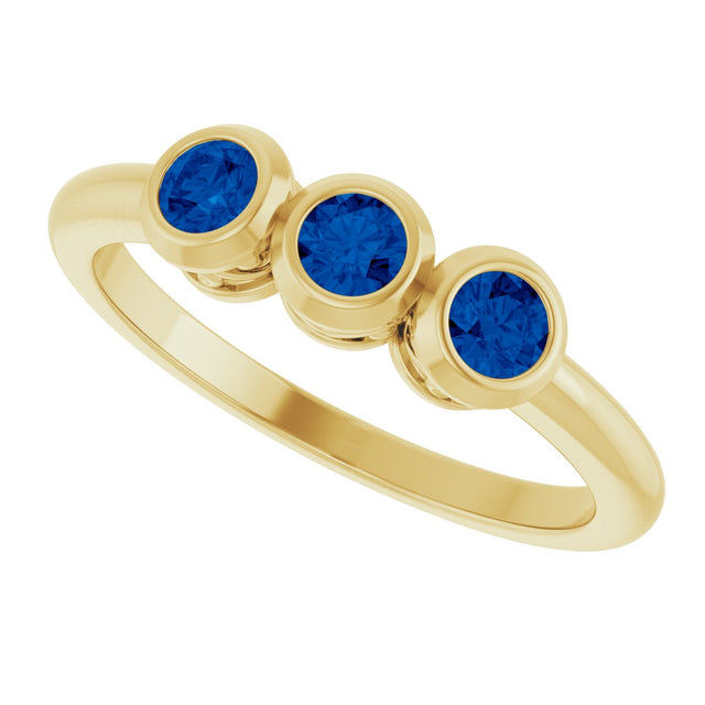 14K Gold Round Natural Blue Sapphire Three-Stone Bezel-Set Ring - Yellow Gold - view 5