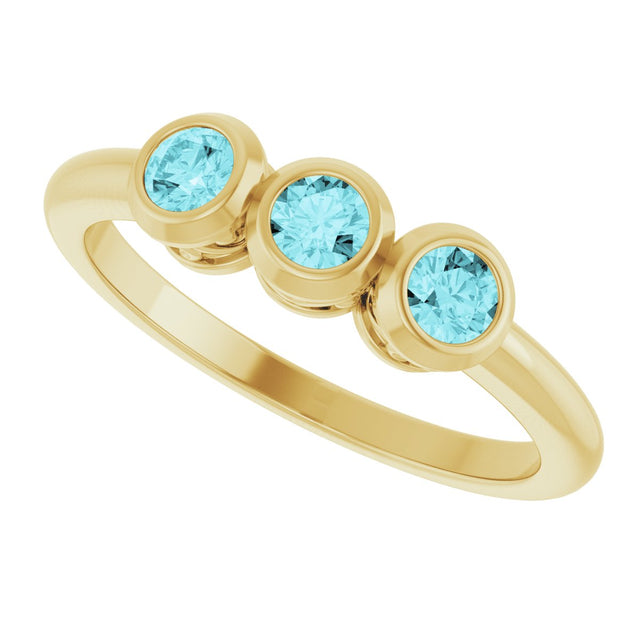 14K Gold Round Natural Blue Zircon Three-Stone Bezel-Set Ring - Yellow Gold - view 5