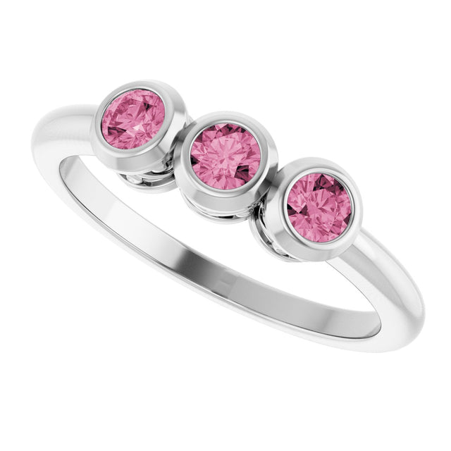 14K Gold Round Natural Pink Tourmaline Three-Stone Bezel-Set Ring - White Gold - view 5