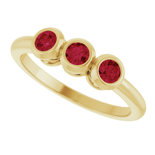 14K Gold Round Natural Ruby Three-Stone Bezel-Set Ring - Yellow Gold - view 5