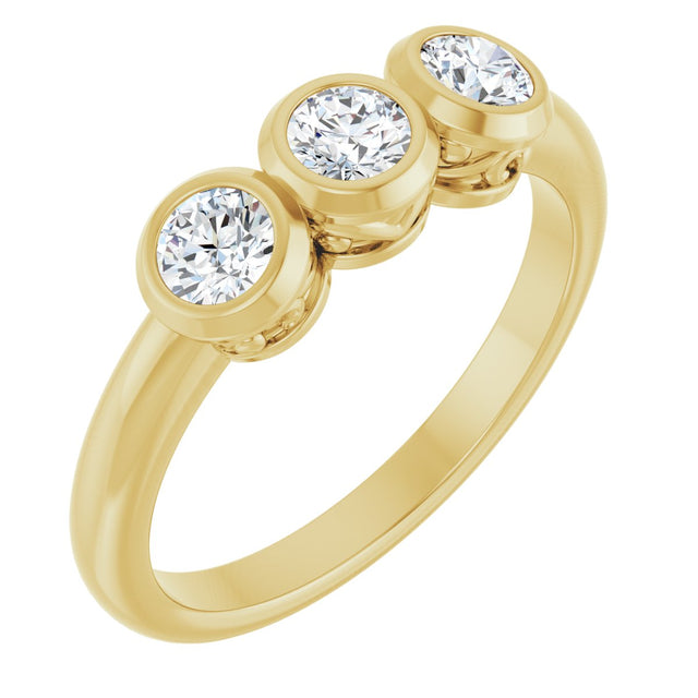 14K Gold Round Natural White Sapphire Three-Stone Bezel-Set Ring - Yellow Gold