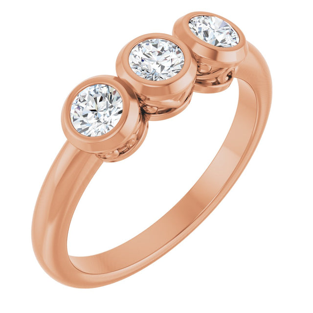 14K Gold Round Natural White Sapphire Three-Stone Bezel-Set Ring - Rose Gold