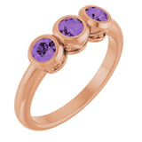 14K Gold Round Natural Amethyst Three-Stone Bezel-Set Ring - Rose Gold