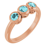 14K Gold Round Natural Blue Zircon Three-Stone Bezel-Set Ring - Rose Gold