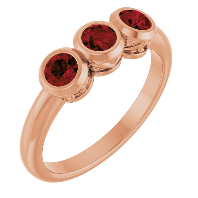 14K Gold Round Natural Mozambique Garnet Three-Stone Bezel-Set Ring - Rose Gold