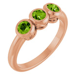 14K Gold Round Natural Peridot Three-Stone Bezel-Set Ring - Rose Gold