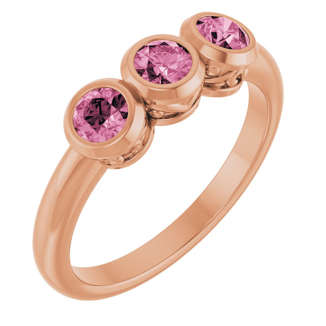 14K Gold Round Natural Pink Tourmaline Three-Stone Bezel-Set Ring - Rose Gold
