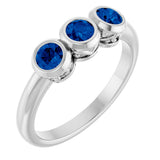 14K Gold Round Natural Blue Sapphire Three-Stone Bezel-Set Ring - White Gold