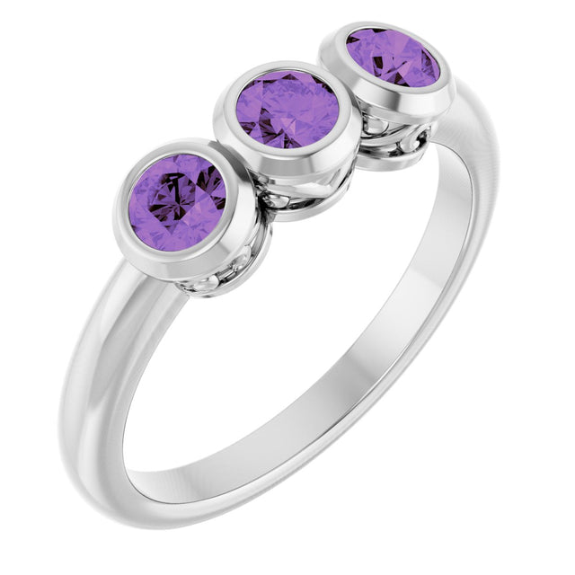 Platinum Round Natural Amethyst Three-Stone Bezel-Set Ring